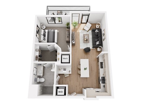 Floor plan for 1 bed, 1 bath, 804 sqft